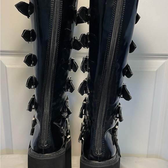 DEMONIA SWING-815 PATENT VEGAN BLACK PLATFORM BOOTS - Picture 3 of 12
